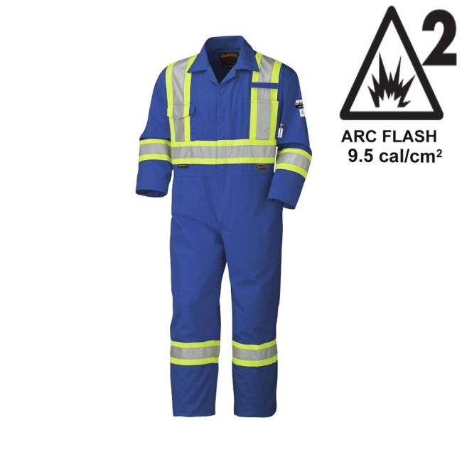 Blue 100% flame-resistant cotton safety coverall, ARC 2, with high-visibility reflective stripes