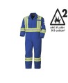 Blue 100% flame-resistant cotton safety coverall, ARC 2, with high-visibility reflective stripes