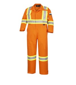 100% flame-resistant orange safety coverall, ARC 2, with high-visibility reflective stripes