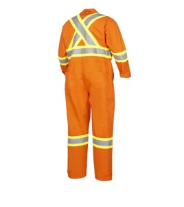 100% flame-resistant orange safety coverall, ARC 2, with high-visibility reflective stripes