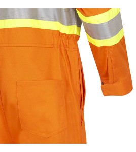 100% flame-resistant orange safety coverall, ARC 2, with high-visibility reflective stripes