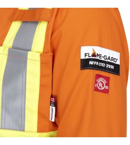 100% flame-resistant orange safety coverall, ARC 2, with high-visibility reflective stripes