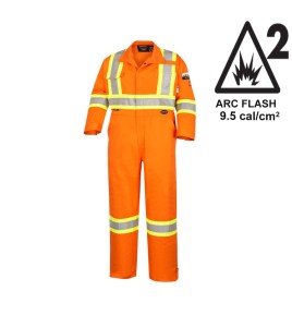 100% flame-resistant orange safety coverall, ARC 2, with high-visibility reflective stripes