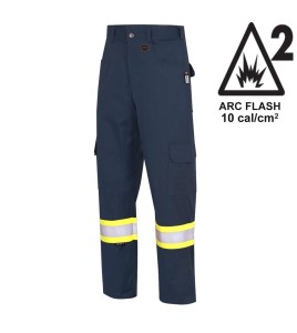 Pioneer FR-tech 7 oz, Arc 2 rated, Model 7764, navy blue flame-retardant cargo pants with high-visibility stripes, various sizes