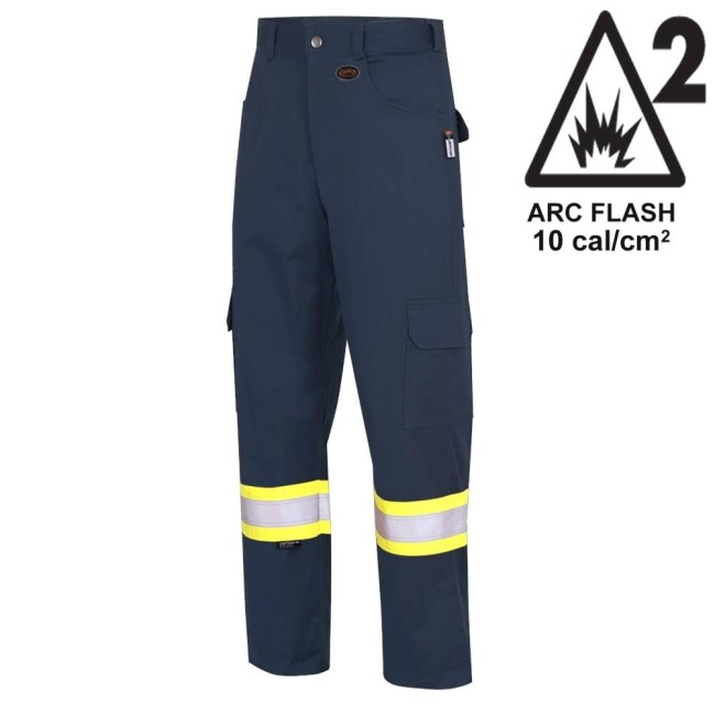 Pantalon cargo ignifugé Pioneer FR-tech 7 oz, Arc 2, modèle 7764, bleu marine, bandes haute visibilité, en grandeurs variées