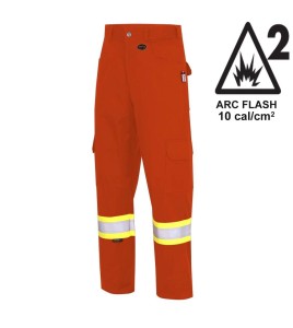 Pioneer FR-tech 7 oz, Arc 2 rated, Model 7765, orange flame-retardant cargo pants with high-visibility stripes, various sizes