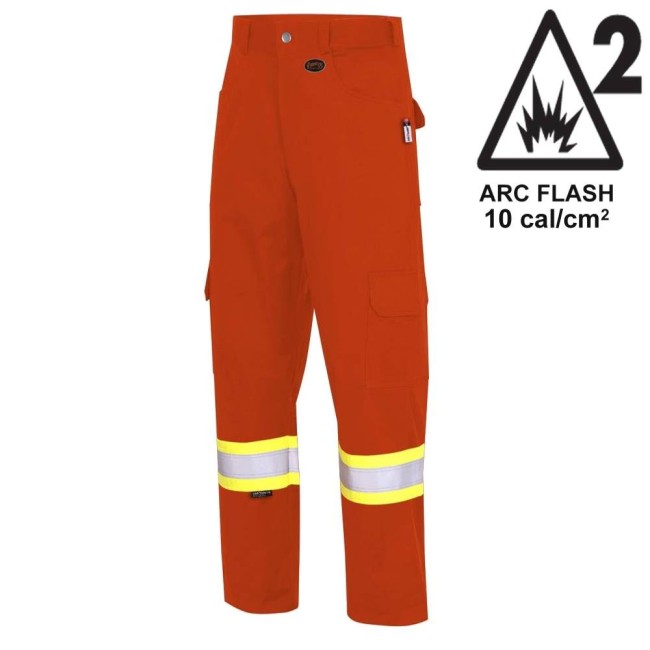 Pantalon cargo ignifugé Pioneer FR-tech 7 oz, Arc 2, modèle 7765 orange Hi-Vis, bandes haute visibilité, en grandeurs variées