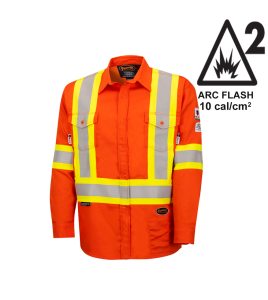 Safety shirt, orange Hi-vis, FR-TECH 7 oz fireproof, size small to 4XL, Pioneer V2540460, model 7743, sold by unit