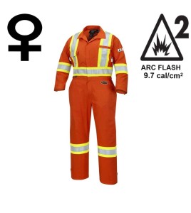 Women's 100% flame-resistant orange safety coverall, HRC 2, with high-visibility reflective stripes