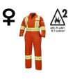 Women's 100% flame-resistant orange safety coverall, HRC 2, with high-visibility reflective stripes