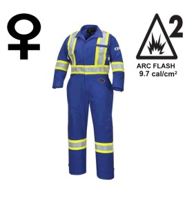 Women's 100% flame-resistant 7 oz , Pioneer 7704W royal blue safety coverall,ARC 2, with high-visibility reflective stripes