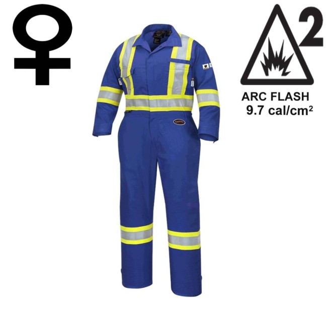 Women's 100% flame-resistant 7 oz , Pioneer 7704W royal blue safety coverall,ARC 2, with high-visibility reflective stripes