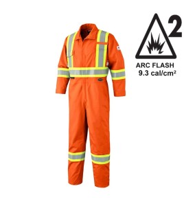 7 oz orange flame retardant coveralls, Arc Flash ARC 2, Pioneer 7705 & 7705T, hi-viz tape, leg zips