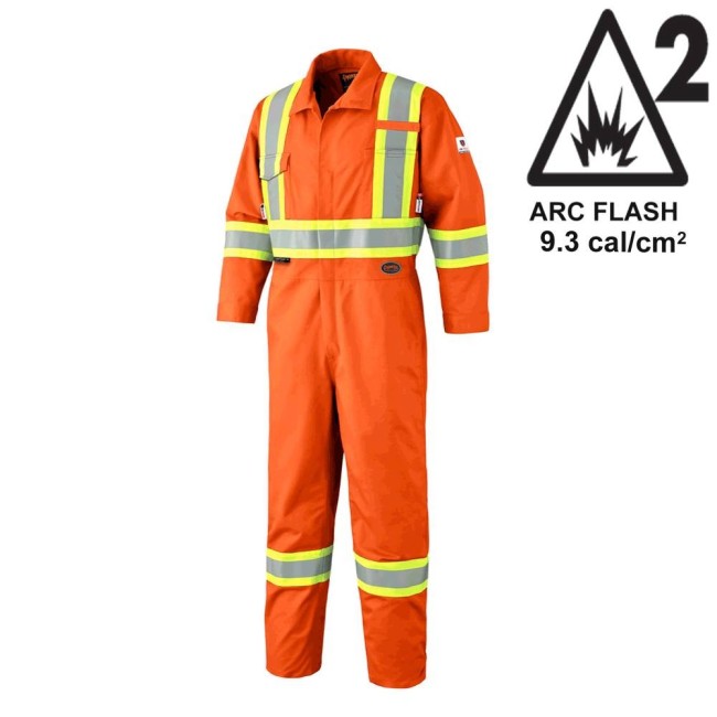 7 oz orange flame retardant coveralls, Arc Flash ARC 2, Pioneer 7705 & 7705T, hi-viz tape, leg zips