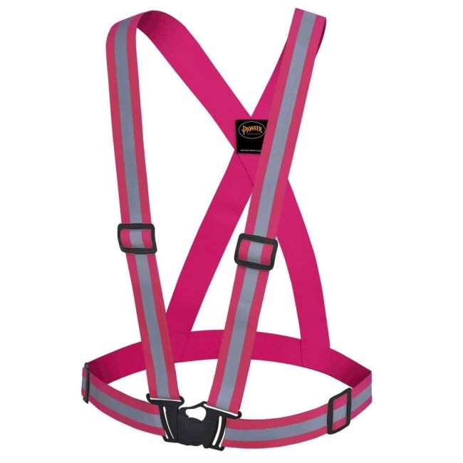 Fluorescent pink, high-visibility adjustable safety sash with 1.5 in elastic, one size fits all