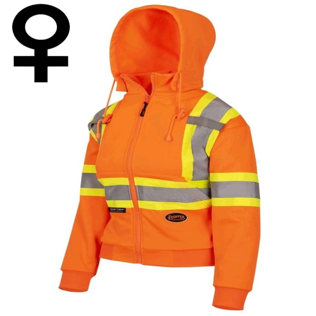 Women's orange Pioneer fleece hoodie made of high-visibility polyester, sold individually