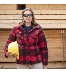 Women’s quilted polar fleece hooded in red and black plaid, often called a hunting shirt or lumberjack shirt, sold individually