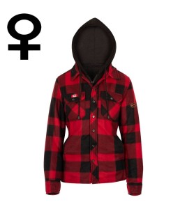 Women’s quilted polar fleece hooded in red and black plaid, often called a hunting shirt or lumberjack shirt, sold individually