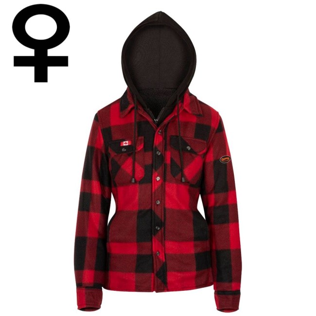 Women’s quilted polar fleece hooded in red and black plaid, often called a hunting shirt or lumberjack shirt, sold individually