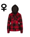 Women’s quilted polar fleece hooded in red and black plaid, often called a hunting shirt or lumberjack shirt, sold individually