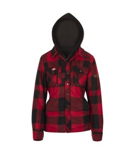 Women’s quilted polar fleece hooded in red and black plaid, often called a hunting shirt or lumberjack shirt, sold individually