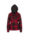 Women’s quilted polar fleece hooded in red and black plaid, often called a hunting shirt or lumberjack shirt, sold individually