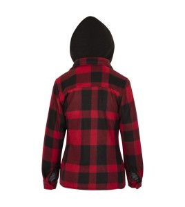 Women’s quilted polar fleece hooded in red and black plaid, often called a hunting shirt or lumberjack shirt, sold individually