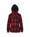 Women’s quilted polar fleece hooded in red and black plaid, often called a hunting shirt or lumberjack shirt, sold individually