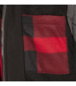 Women’s quilted polar fleece hooded in red and black plaid, often called a hunting shirt or lumberjack shirt, sold individually