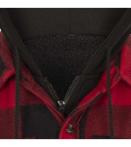 Women’s quilted polar fleece hooded in red and black plaid, often called a hunting shirt or lumberjack shirt, sold individually