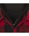 Women’s quilted polar fleece hooded in red and black plaid, often called a hunting shirt or lumberjack shirt, sold individually