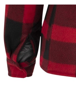 Women’s quilted polar fleece hooded in red and black plaid, often called a hunting shirt or lumberjack shirt, sold individually