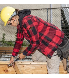 Women’s quilted polar fleece hooded in red and black plaid, often called a hunting shirt or lumberjack shirt, sold individually