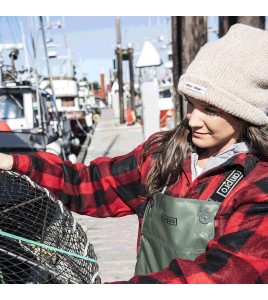 Women’s quilted polar fleece hooded in red and black plaid, often called a hunting shirt or lumberjack shirt, sold individually