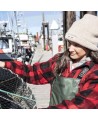 Women’s quilted polar fleece hooded in red and black plaid, often called a hunting shirt or lumberjack shirt, sold individually