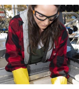 Women’s quilted polar fleece hooded in red and black plaid, often called a hunting shirt or lumberjack shirt, sold individually