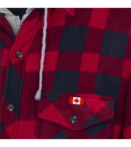 Men’s quilted polar fleece hooded in red and black plaid, often called a hunting shirt or lumberjack shirt, sold individually