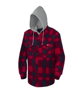 Men’s quilted polar fleece hooded in red and black plaid, often called a hunting shirt or lumberjack shirt, sold individually