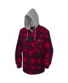 Men’s quilted polar fleece hooded in red and black plaid, often called a hunting shirt or lumberjack shirt, sold individually