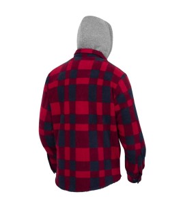 Men’s quilted polar fleece hooded in red and black plaid, often called a hunting shirt or lumberjack shirt, sold individually