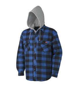 Men’s quilted polar fleece hooded in blue and black plaid, often called a hunting shirt or lumberjack shirt, sold individually