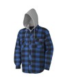 Men’s quilted polar fleece hooded in blue and black plaid, often called a hunting shirt or lumberjack shirt, sold individually