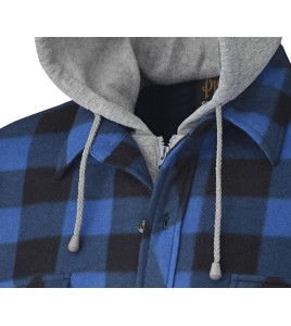 Men’s quilted polar fleece hooded in blue and black plaid, often called a hunting shirt or lumberjack shirt, sold individually