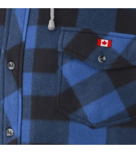 Men’s quilted polar fleece hooded in blue and black plaid, often called a hunting shirt or lumberjack shirt, sold individually