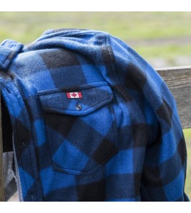 Men’s quilted polar fleece hooded in blue and black plaid, often called a hunting shirt or lumberjack shirt, sold individually