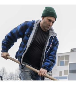 Men’s quilted polar fleece hooded in blue and black plaid, often called a hunting shirt or lumberjack shirt, sold individually