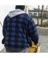 Men’s quilted polar fleece hooded in blue and black plaid, often called a hunting shirt or lumberjack shirt, sold individually