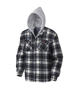 Men’s quilted polar fleece hooded in blue and gray plaid, often called a hunting shirt or lumberjack shirt, sold individually