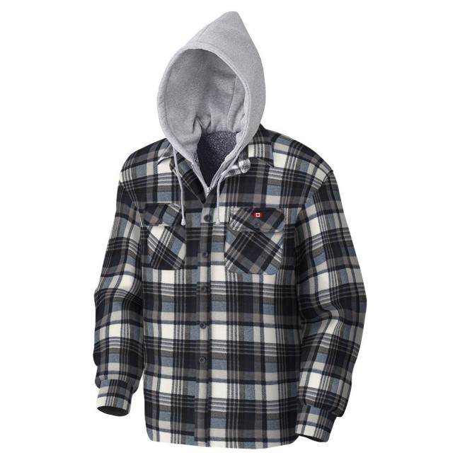 Men’s quilted polar fleece hooded in blue and gray plaid, often called a hunting shirt or lumberjack shirt, sold individually