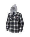 Men’s quilted polar fleece hooded in blue and gray plaid, often called a hunting shirt or lumberjack shirt, sold individually